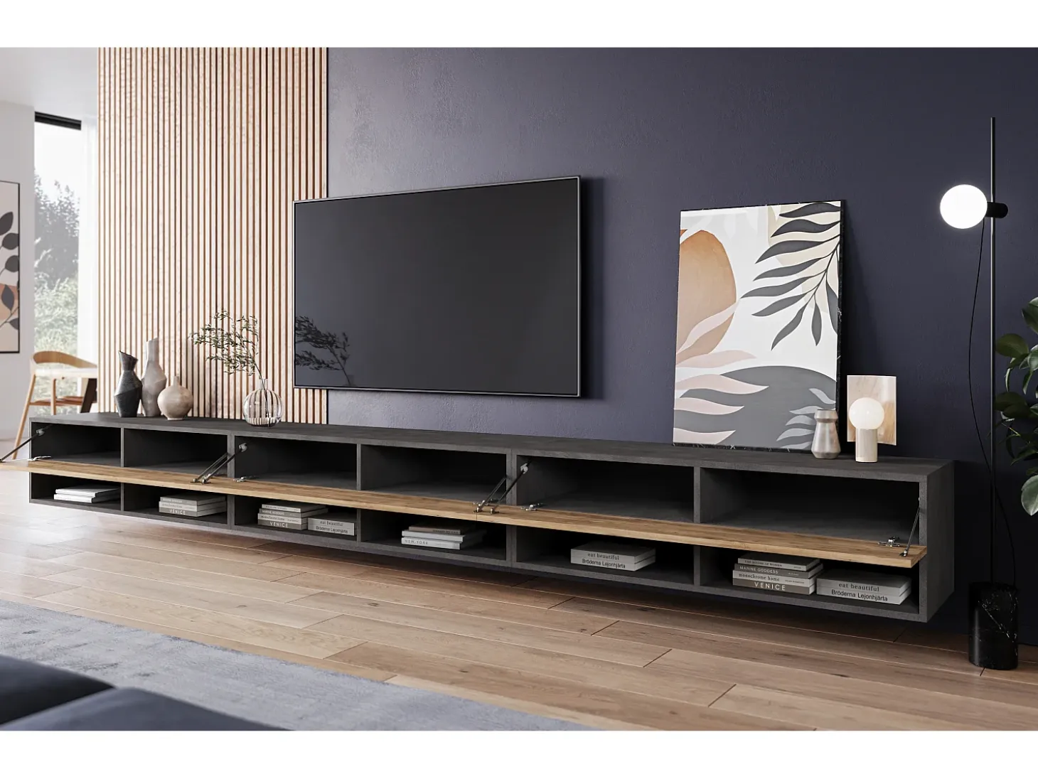Mueble de TV moderno 300 cm – sin tiradores, cuerpo antracita Matera, frentes castaño, mate, de pie o colgado