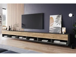Mueble de TV moderno 300 cm – sin tiradores, cuerpo antracita Matera, frentes castaño, mate, de pie o colgado