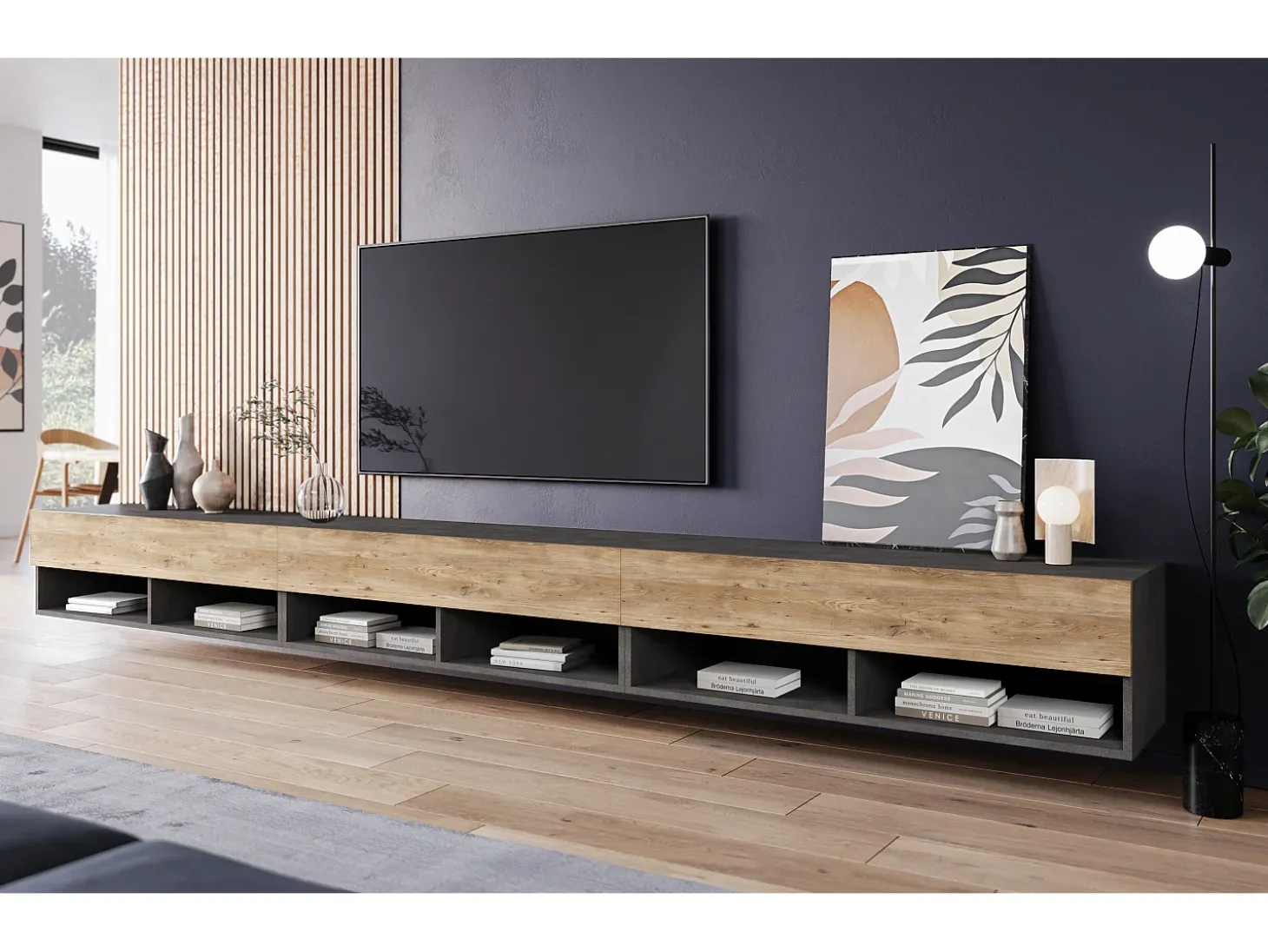 Mueble de TV moderno 300 cm – sin tiradores, cuerpo antracita Matera, frentes castaño, mate, de pie o colgado