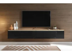 Mueble de TV moderno 180 cm para salón con LED – 2 puertas, sin tiradores, cuerpo roble wotan, frentes negro brillo, de pie o suspendido