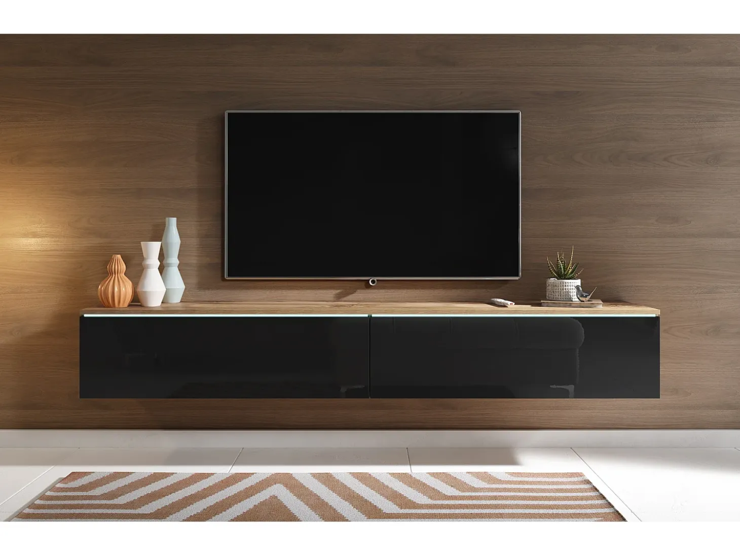 Mueble de TV moderno 180 cm para salón con LED – 2 puertas, sin tiradores, cuerpo roble wotan, frentes negro brillo, de pie o suspendido