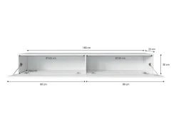 Mueble de TV moderno 180 cm para salón con LED – 2 puertas, sin tiradores, cuerpo roble wotan, frentes negro brillo, de pie o suspendido