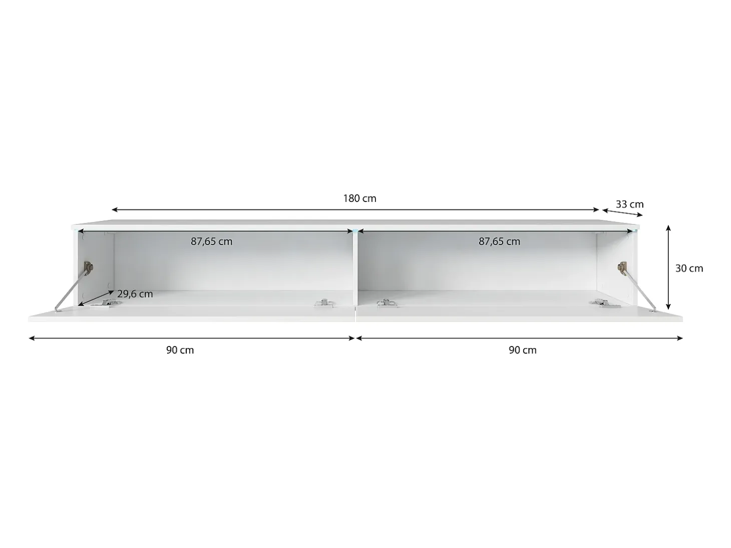 Mueble de TV moderno 180 cm para salón con LED – 2 puertas, sin tiradores, cuerpo roble wotan, frentes negro brillo, de pie o suspendido