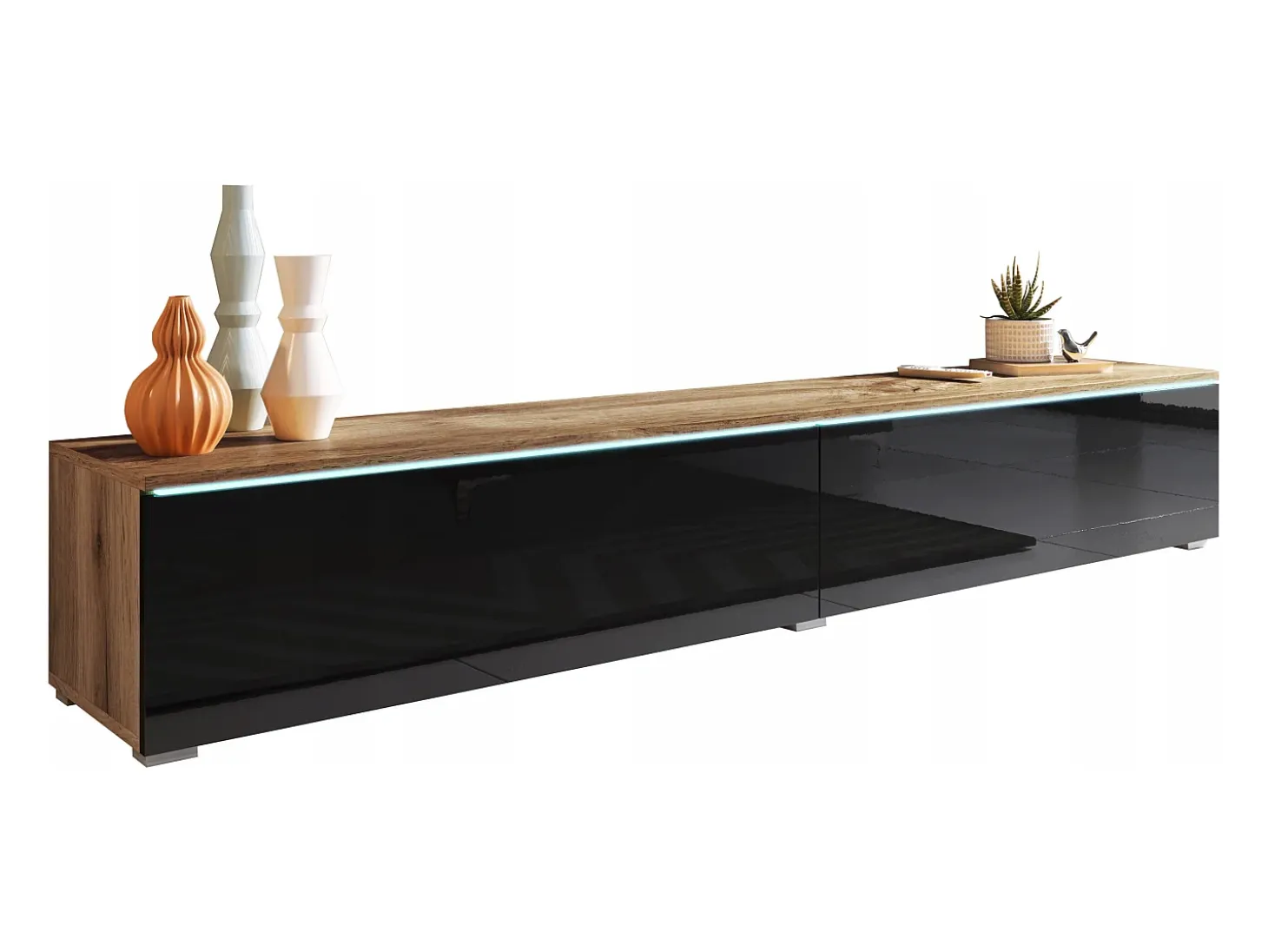 Mueble de TV moderno 180 cm para salón con LED – 2 puertas, sin tiradores, cuerpo roble wotan, frentes negro brillo, de pie o suspendido