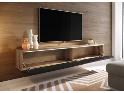 Mueble de TV moderno 180 cm para salón con LED – 2 puertas, sin tiradores, cuerpo roble wotan, frentes negro brillo, de pie o suspendido