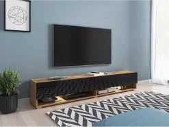 Mueble de TV moderno 180 cm – sin tiradores, cuerpo roble Wotan, frentes negro brillo, de pie o colgado