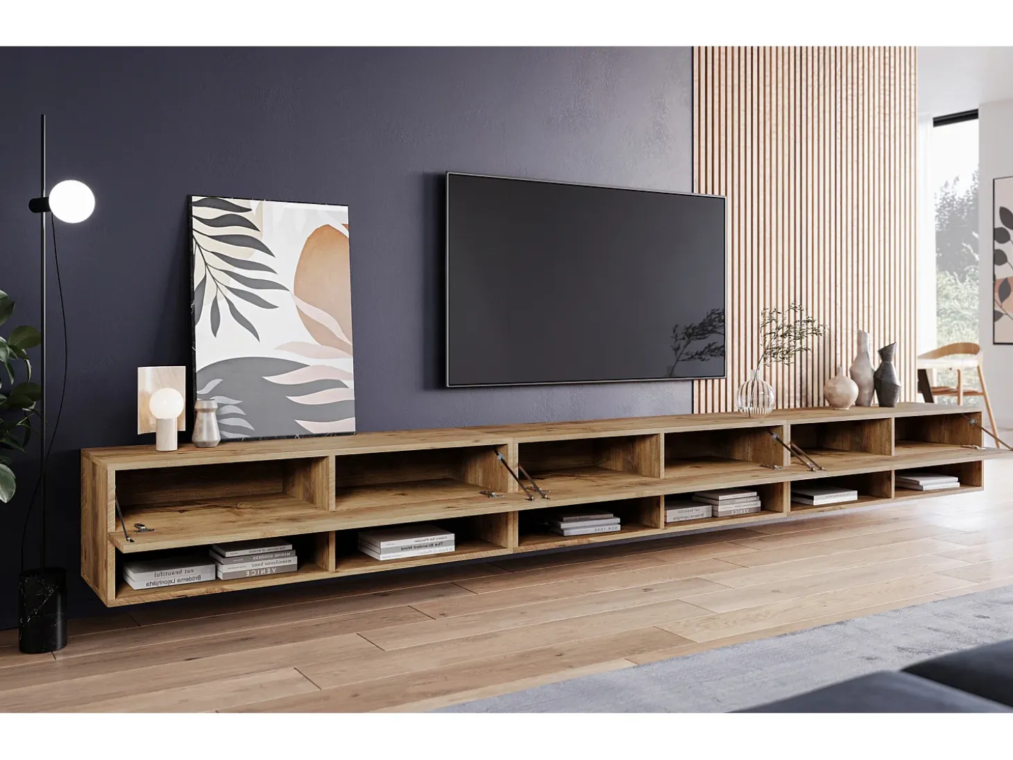 Mueble de TV moderno 300 cm con LED – sin tiradores, castaño, de pie o colgante