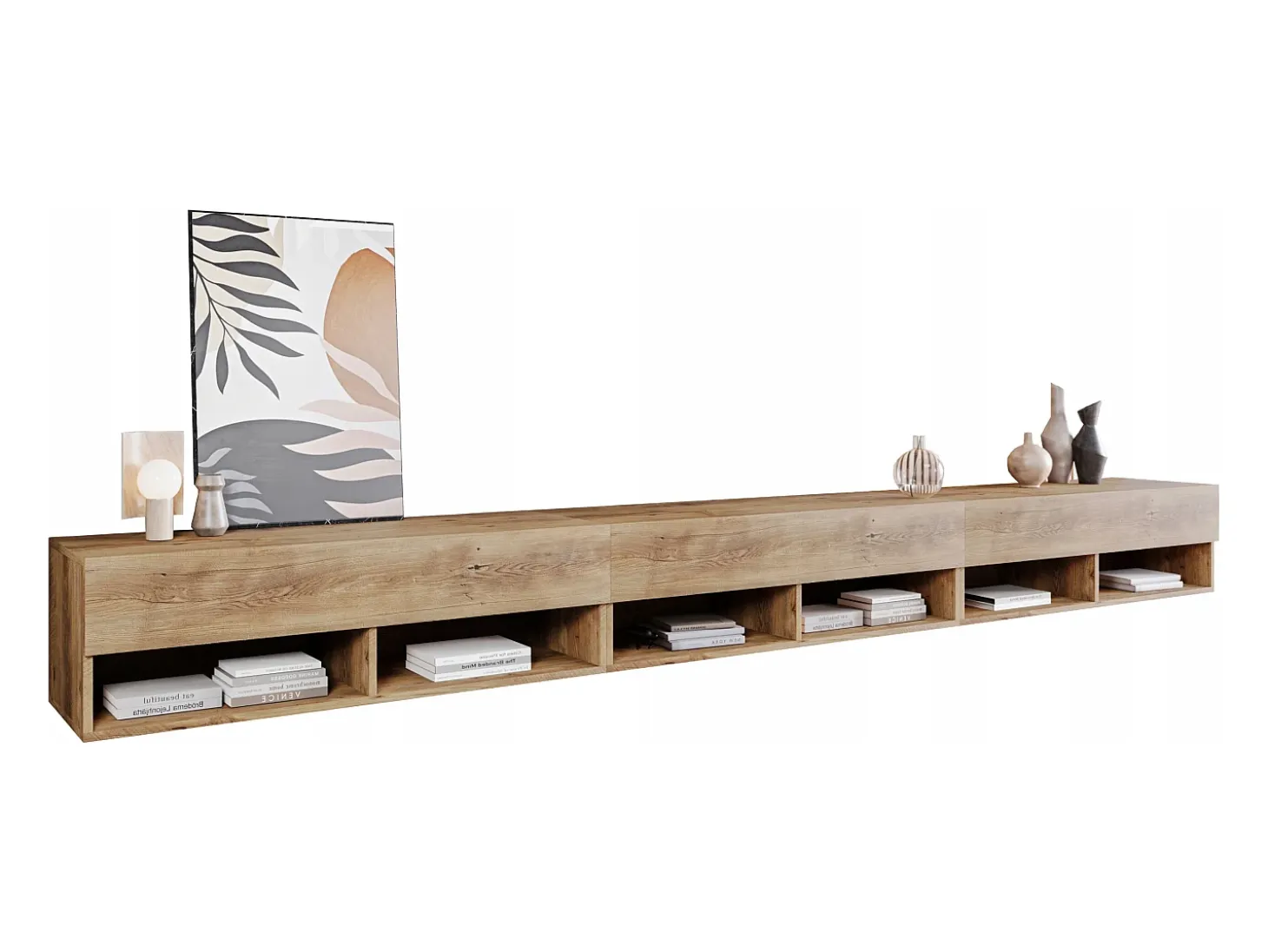 Mueble de TV moderno 300 cm con LED – sin tiradores, castaño, de pie o colgante