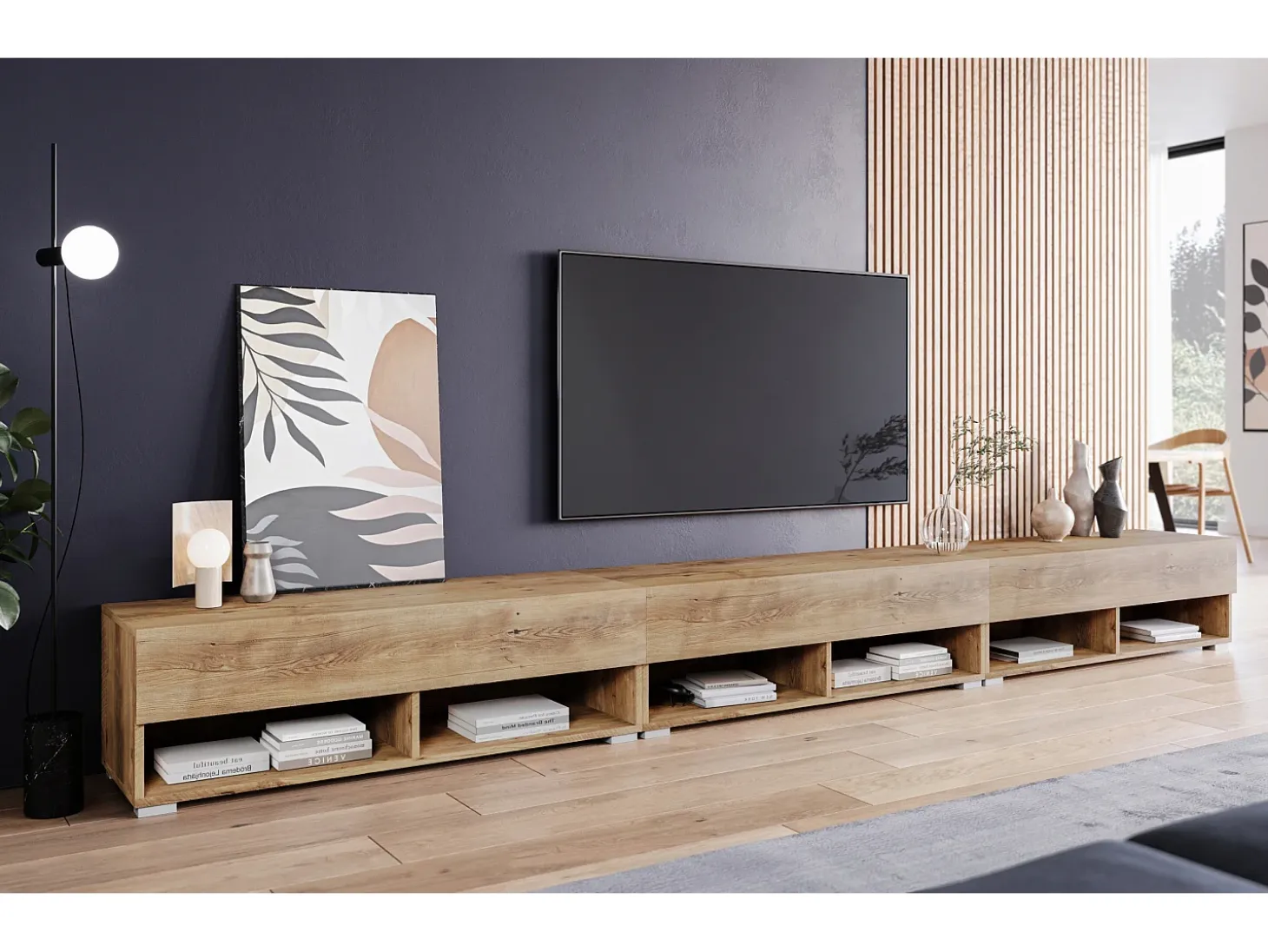 Mueble de TV moderno 300 cm con LED – sin tiradores, castaño, de pie o colgante