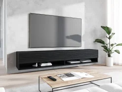 Mueble de TV moderno 180 cm con LED – cuerpo negro mate, frentes MDF ondas, sin tiradores, colgante o de pie