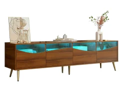 Mueble de TV moderno 180 x 40 x 50 cm con LEDs - patas de metal dorado - frente de cristal y 4 cajones - MDF - natural