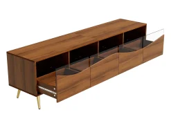 Mueble de TV moderno 180 x 40 x 50 cm con LEDs - patas de metal dorado - frente de cristal y 4 cajones - MDF - natural
