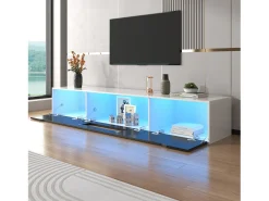 Mueble de TV moderno con 3 puertas de alto brillo, iluminación LED, tablero de partículas, color: blanco y negro