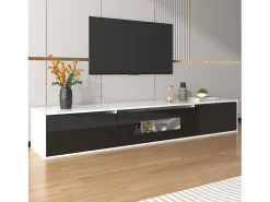 Mueble de TV moderno con 3 puertas de alto brillo, iluminación LED, tablero de partículas, color: blanco y negro