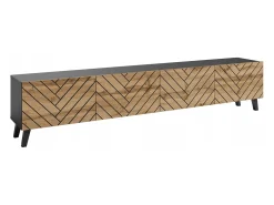 Mueble de TV moderno de 190 cm grafito negro/roble wotan con patas para salón, frentes MDF fresados en espiga