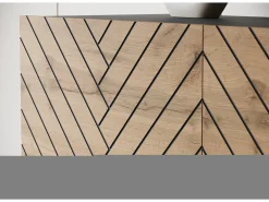 Mueble de TV moderno de 190 cm grafito negro/roble wotan con patas para salón, frentes MDF fresados en espiga