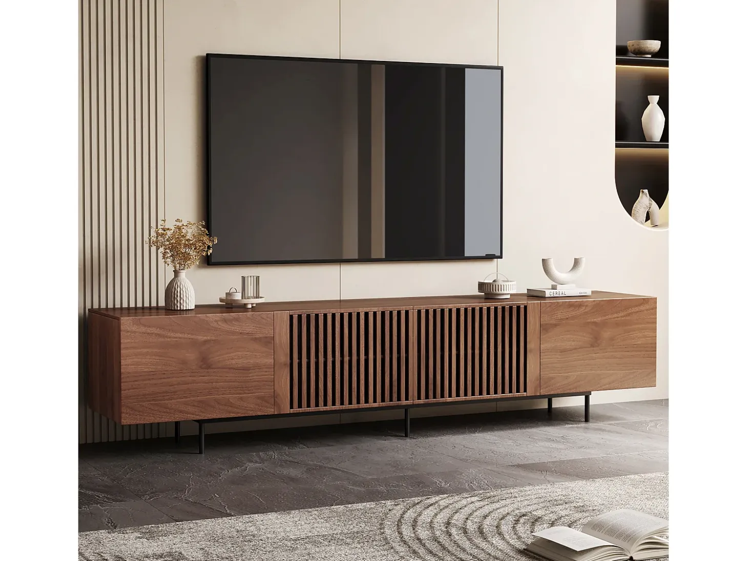 Mueble de TV moderno de 75", con gran espacio de almacenamiento, consola multimedia de 240 cm, para salón y dormitorio, color nogal