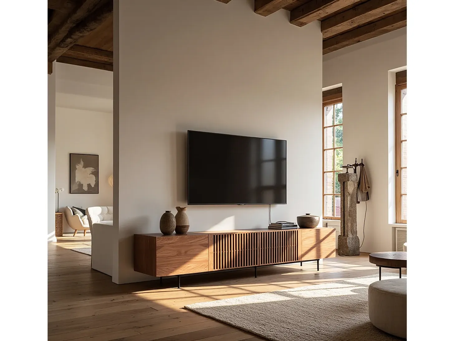 Mueble de TV moderno de 75", con gran espacio de almacenamiento, consola multimedia de 240 cm, para salón y dormitorio, color nogal
