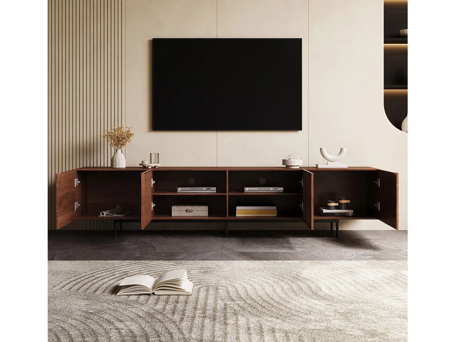 Mueble de TV moderno de 75", con gran espacio de almacenamiento, consola multimedia de 240 cm, para salón y dormitorio, color nogal