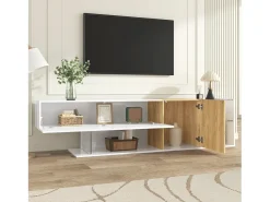 Mueble de TV moderno de alto brillo - 180 x 38 x 48 cm - aspecto madera + estantes de cristal + 2 puertas - aglomerado - blanco