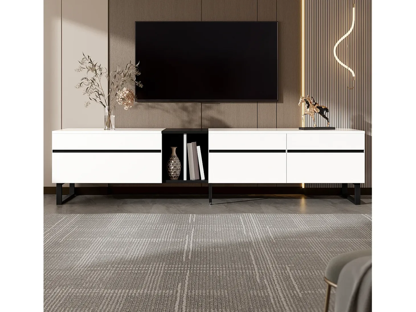 Mueble de TV moderno 180x38x45 cm - 3 puertas - con estantes abiertos - Blanco