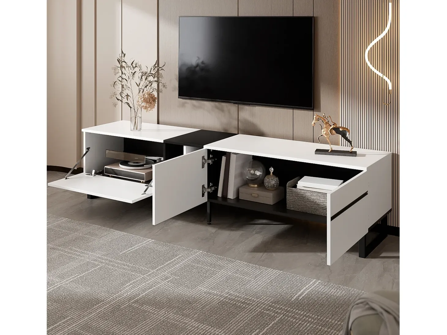 Mueble de TV moderno 180x38x45 cm - 3 puertas - con estantes abiertos - Blanco