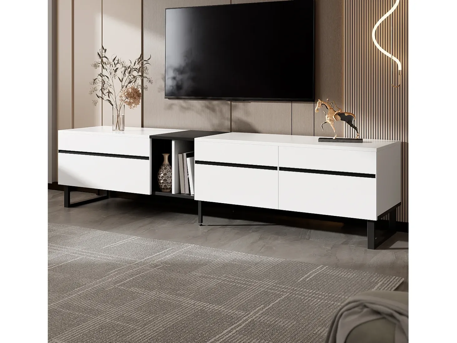 Mueble de TV moderno 180x38x45 cm - 3 puertas - con estantes abiertos - Blanco