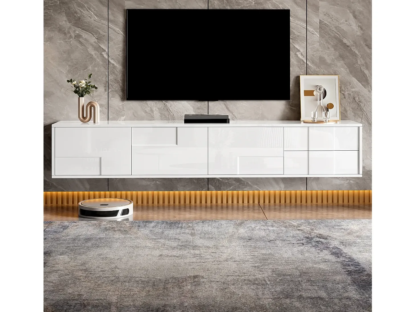 Mueble de TV moderno 170x30x30,5 cm - Fijación a la pared o con patas - Acabado brillante - 3 puertas y 2 cajones - Blanco