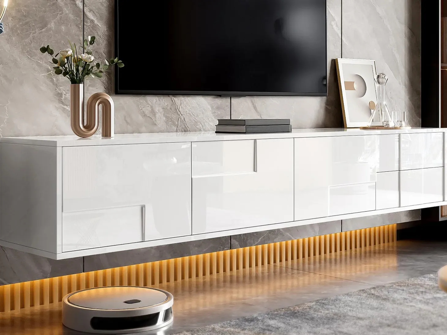 Mueble de TV moderno 170x30x30,5 cm - Fijación a la pared o con patas - Acabado brillante - 3 puertas y 2 cajones - Blanco