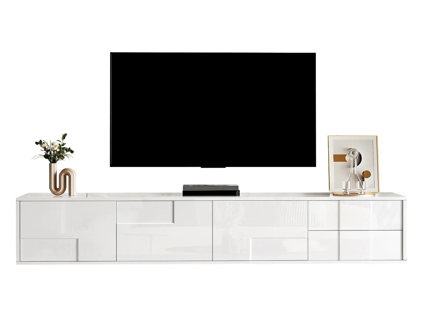 Mueble de TV moderno 170x30x30,5 cm - Fijación a la pared o con patas - Acabado brillante - 3 puertas y 2 cajones - Blanco
