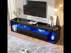 Mueble de TV para salón 180x40x46cm - Mueble de TV con 2 cajones e iluminación LED - apto para TV de 70 pulgadas - negro