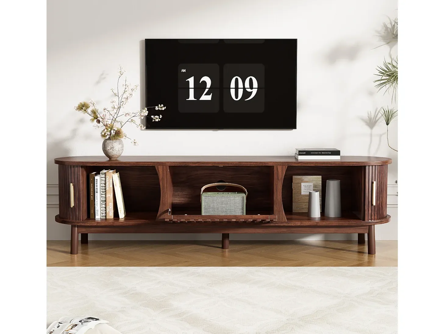 Mueble de TV retro - Mueble bajo con puerta corredera y puerta abatible - 3 compartimentos - Marrón