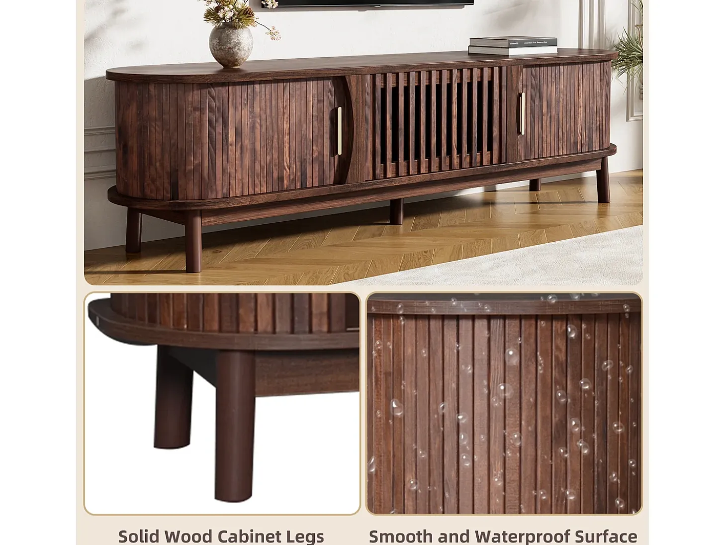 Mueble de TV retro - Mueble bajo con puerta corredera y puerta abatible - 3 compartimentos - Marrón