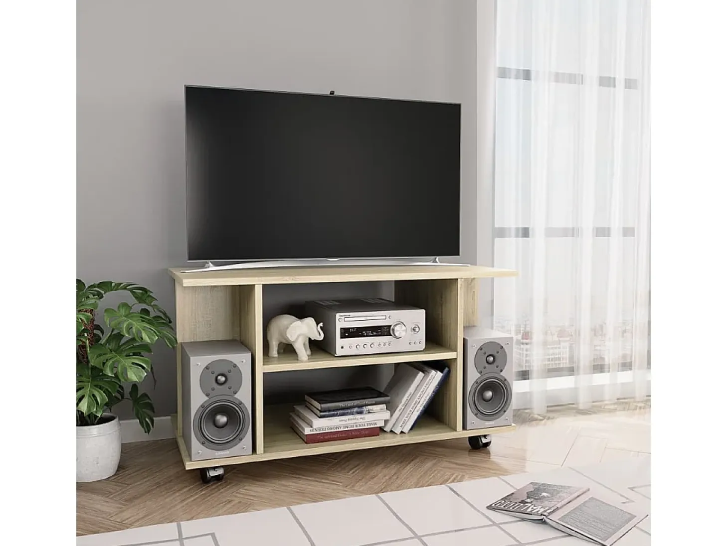 Mueble de TV ruedas madera contrachapada color roble 80x40x40cm