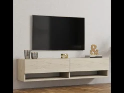 Mueble de TV suspendido con 2 puertas abatibles, decoración travertino L141 cm - ARGES