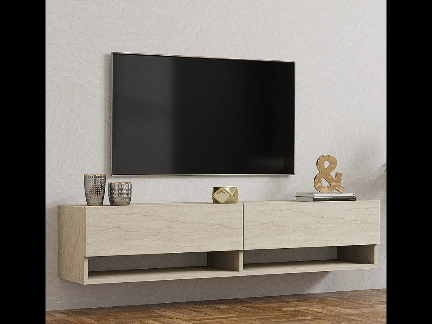 Mueble de TV suspendido con 2 puertas abatibles, decoración travertino L141 cm - ARGES