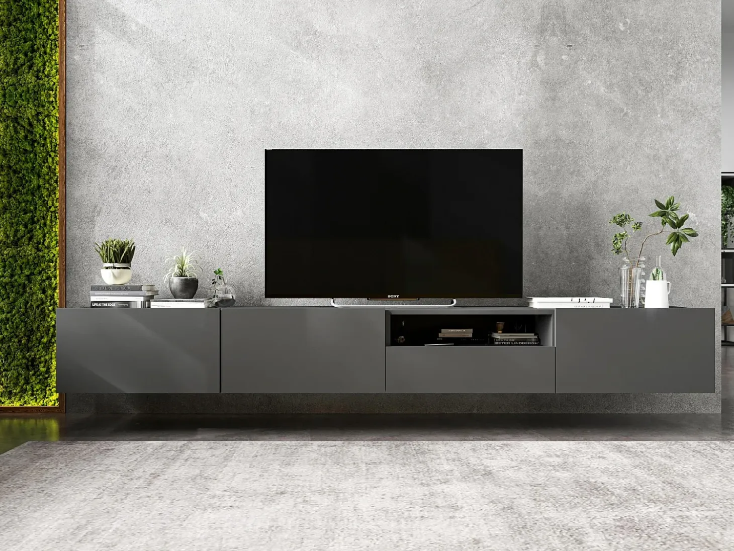Mueble de TV suspendido con 1 puerta y nicho, cajón - cuerpo Grafito mate, frentes Grafito mate - 120 cm