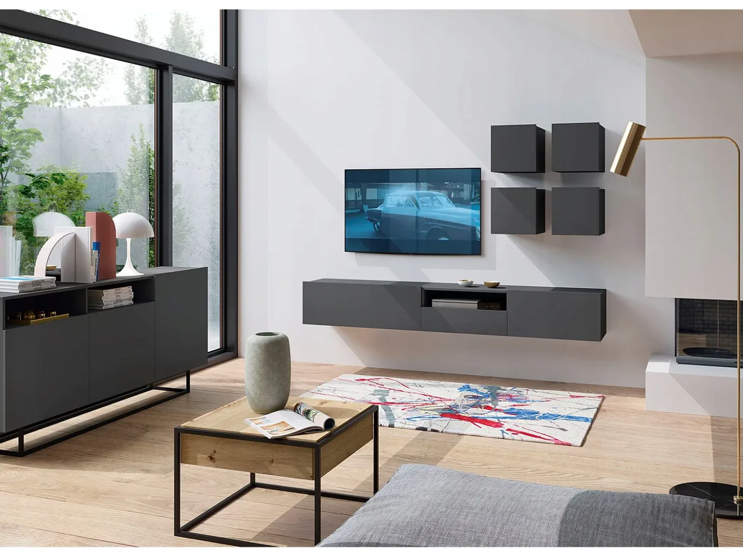 Mueble de TV suspendido con 1 puerta y nicho, cajón - cuerpo Grafito mate, frentes Grafito mate - 120 cm