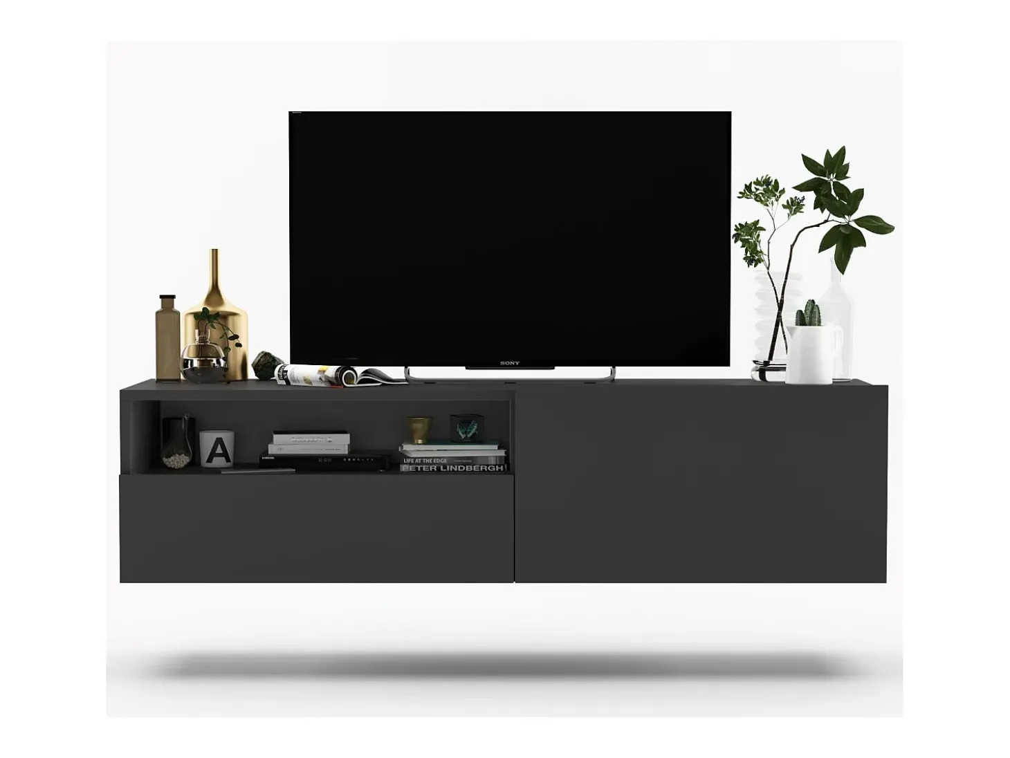 Mueble de TV suspendido con 1 puerta y nicho, cajón - cuerpo Grafito mate, frentes Grafito mate - 120 cm
