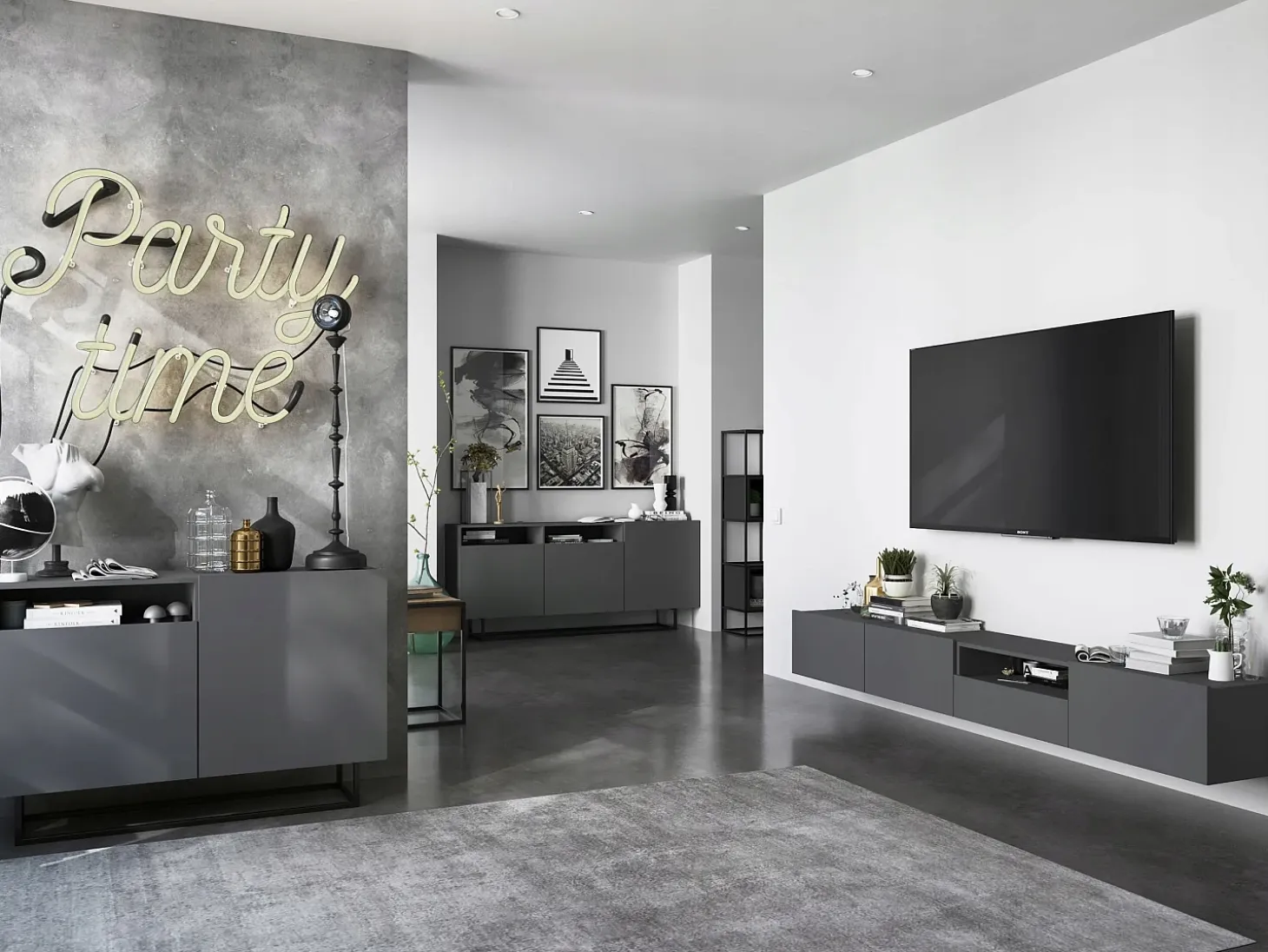 Mueble de TV suspendido con 1 puerta y nicho, cajón - cuerpo Grafito mate, frentes Grafito mate - 120 cm