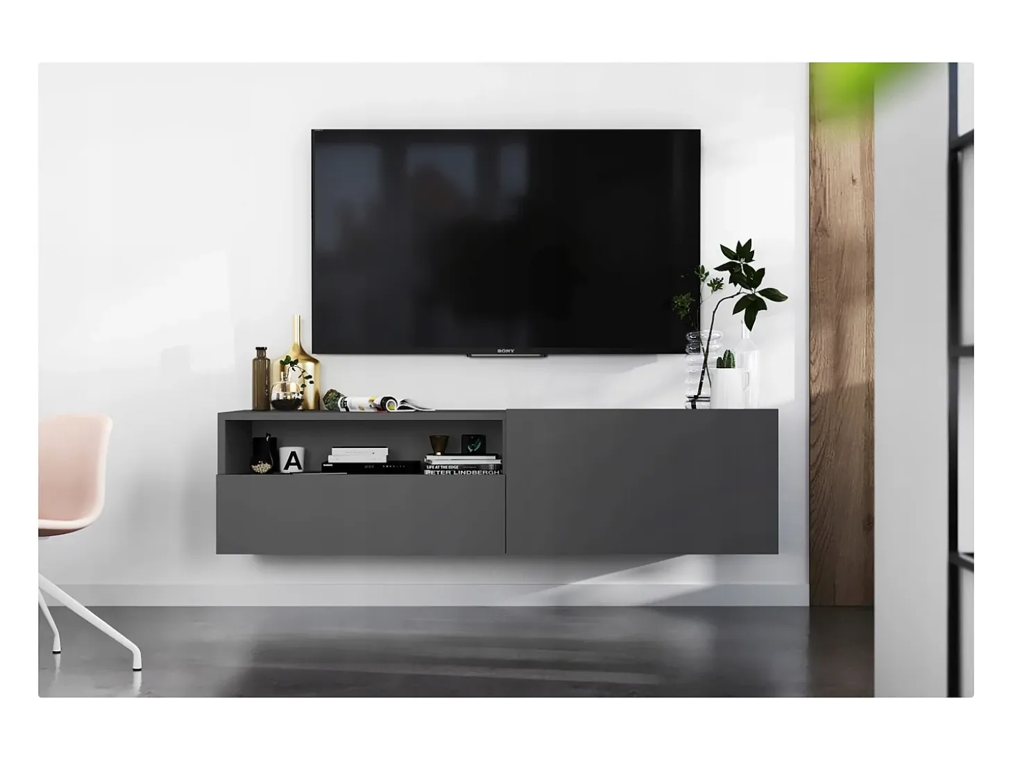 Mueble de TV suspendido con 1 puerta y nicho, cajón - cuerpo Grafito mate, frentes Grafito mate - 120 cm