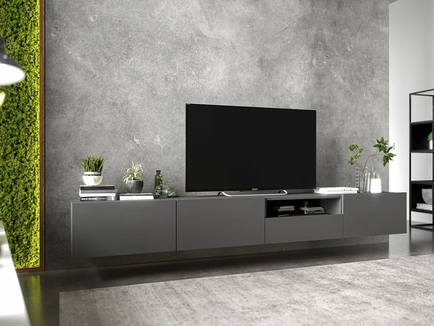 Mueble de TV suspendido con 1 puerta y nicho, cajón - cuerpo Grafito mate, frentes Grafito mate - 120 cm