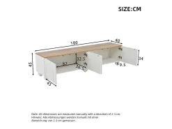 Mueble de TV 180x40x45 cm - 4 puertas - diseño moderno - MDF - Blanco + Natural