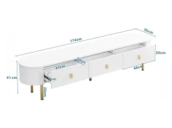 Mueble de TV 174x35x41cm - Mueble bajo con 3 cajones, tiradores y patas doradas, esquinas curvas - en MDF Blanco