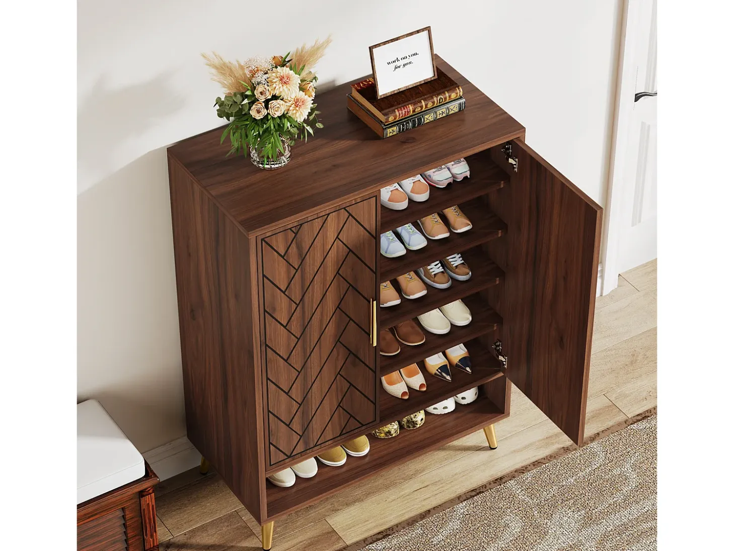 Mueble de zapatos con 2 puertas, mueble de almacenamiento de zapatos de 6 niveles, separadores ajustables, para el recibidor, salón, marrón
