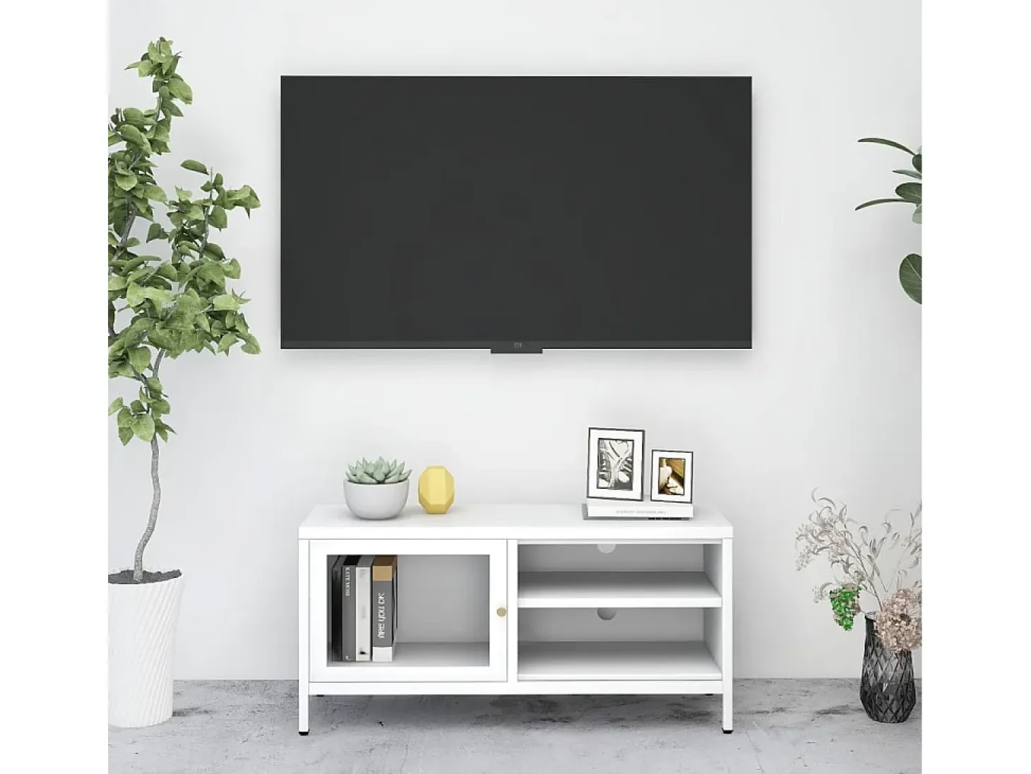 Mueble para el televisor acero y vidrio blanco 90x30x44 cm