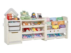 Mueble para Guardar Juguetes Infantiles SucceBuy, de 4 Niveles con Biblioteca, Estantería Organizadora de Juguetes con 10 Cubos de Plástico Extraíbles