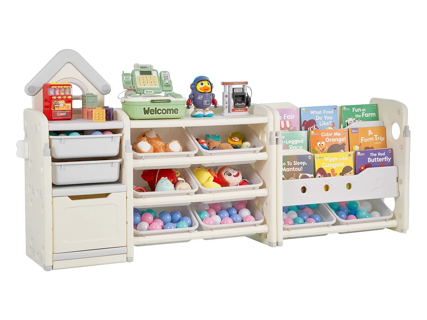Mueble para Guardar Juguetes Infantiles SucceBuy, de 4 Niveles con Biblioteca, Estantería Organizadora de Juguetes con 10 Cubos de Plástico Extraíbles