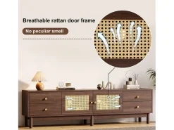 Mueble para TV - con 2 puertas de ratán y 4 cajones - apto para televisores de hasta 80" - Marrón