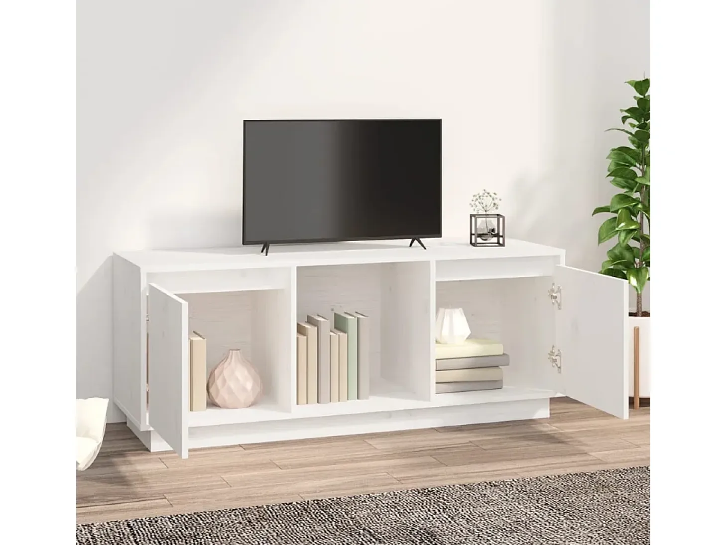 Mueble para TV de madera maciza de pino blanco 110,5x35x44 cm